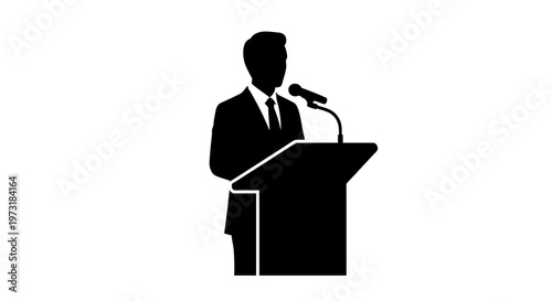 Man in Suit Speaking at Podium with Microphone, Business Meeting, Public Speaking