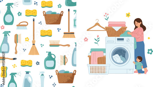 Household Cleaning and Laundry Tools Collection with Detergents, Brooms, Sponges, and Washing Machine in Colorful Vector Art for Home Care Designs