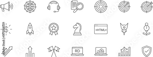Set of digital marketing and startup thin line icons featuring rocket launch, target, megaphone, globe, knight chess, and business growth.