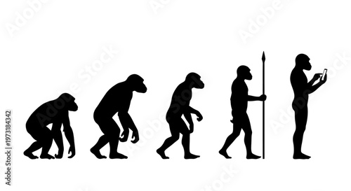 Human Evolution: Ape to Man Holding Smartphone, Spear