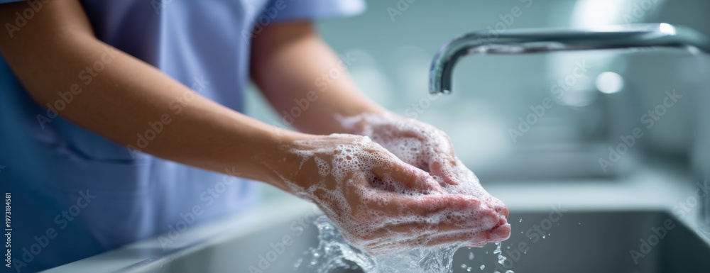 Fototapeta premium Doctor in scrubs washing hands at sink with soap foam