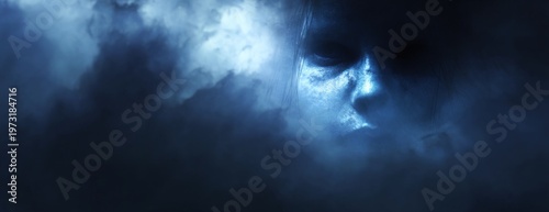 Mysterious face emerging from dark clouds in dramatic lighting  