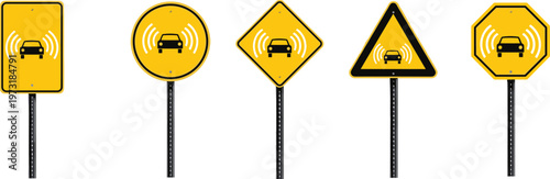Set of five yellow warning traffic signs for autonomous driverless cars with sensor waves on a white background, vector illustration.