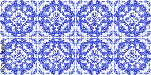 Vector decorative pattern blue and white design with frame or border. Baroque Vector mosaic. Traced watercolo. Capri Majolica	