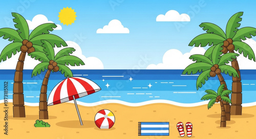Beach scene with palm trees umbrella and beach ball on sandy shore by ocean with sunny sky