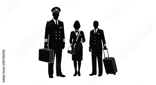 A striking black silhouette depicts an airline pilot and two flight attendants with luggage evoking travel and aviation silhouette high quality