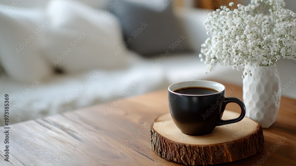 Obraz premium Minimal product placement coffee with cozy home environment