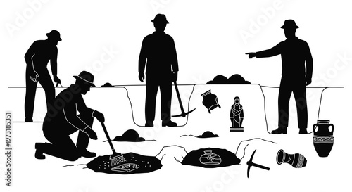 Archaeological dig site with figures examining unearthed artifacts presented in a striking black silhouette high quality professional detailed modern elegant stylish