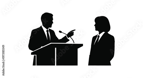 A man and woman engage in a formal discussion at a podium presented as a stark silhouette high quality professional detailed