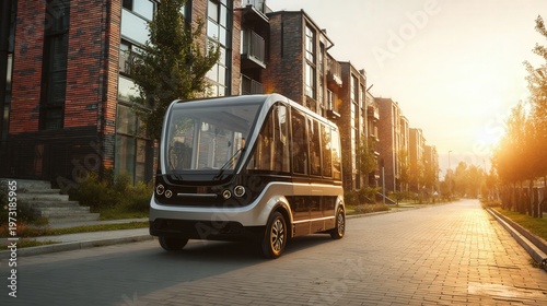 Sunrise autonomous shuttle on quiet street empty cobblestone lane bathed warm light modern brick buildings reflective glass sensors visible on exterior electric vehicle serving lastmile commuters calm