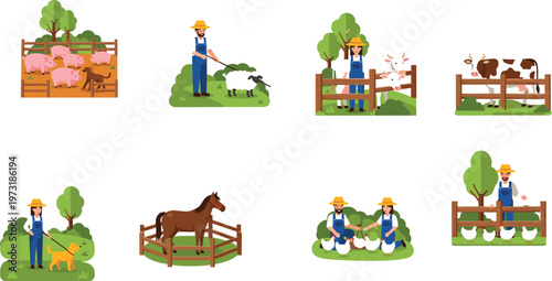 Set of flat vector illustrations featuring farmers caring for livestock including cows, pigs, sheep, horses, and chickens on a farm.