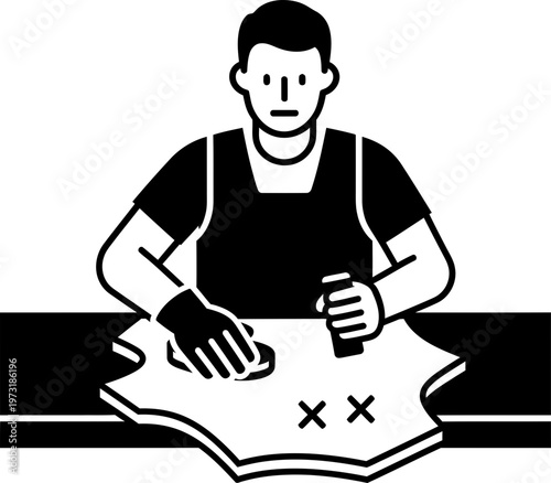 Man polishing leather piece with a cloth. Leather craft and handmade production concept. Minimalist line art vector icon