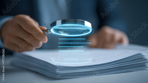 Business professional reviewing and approving digital documents with magnifying glass interface, representing document verification, approval workflow, DMS system, compliance audit, process control.