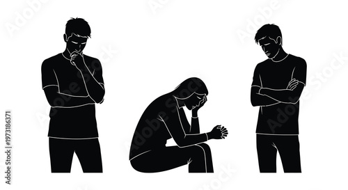 Three individuals in distressed poses are depicted in a stark black and white illustration a powerful emotional silhouette high quality professional detailed modern