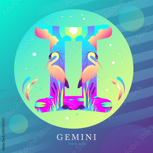 Modern magic witchcraft card with astrology Gemini zodiac sign on fluorescent background. Flat design. vector illustration