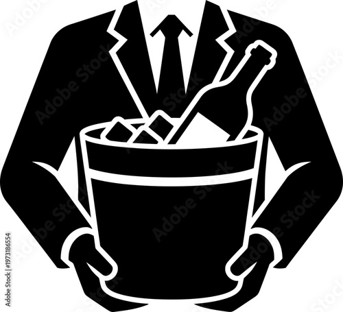 Man waiter in suit carrying ice bucket with wine bottle. Service concept. Vector illustration for greeting card, banner, poster