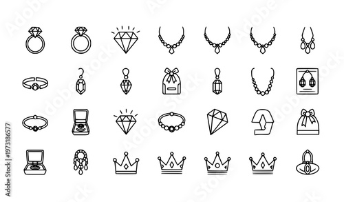 Jewelry line icon pack with rings, diamonds, necklaces, and luxury accessories