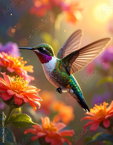 A vibrant hummingbird sips nectar from an orange flower