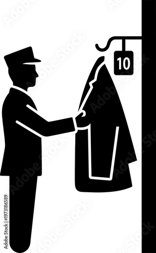 Man hanging a coat in a cloakroom or coat check with a numbered tag icon for hotel, restaurant, or event service vector illustration