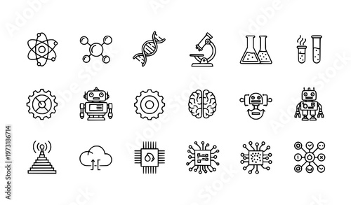 Science and technology outline icon set with atom, AI, lab tools, and digital innovation symbols