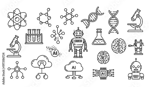 Detailed science and technology outline icon set with lab tools, AI, and digital system illustrations