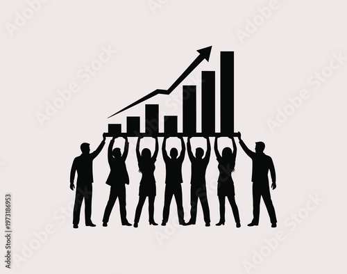 A group of diverse business professionals working together to hold up a growing bar chart graph