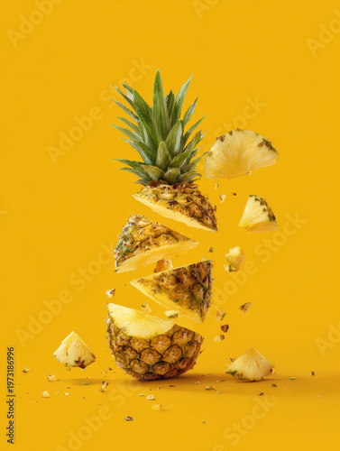 Whole pineapple exploding into slices against solid yellow backdrop