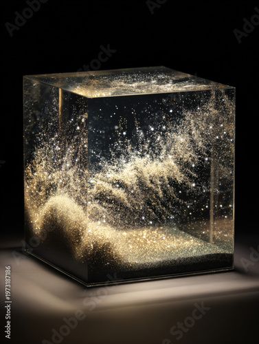 Sparkling gold dust floats within glass container
