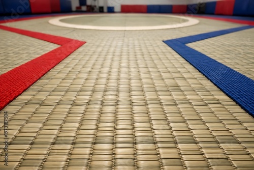 Woven Tatami Mat Surface with Red and Blue Lines in a Dojo