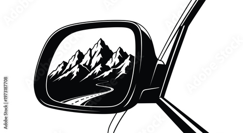 A car s side mirror reflects a dramatic mountain range and winding road creating a striking visual composition silhouette high quality professional
