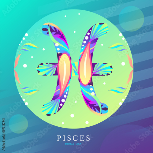 Modern magic witchcraft card with astrology Pisces zodiac sign on fluorescent background. Flat design. vector illustration
