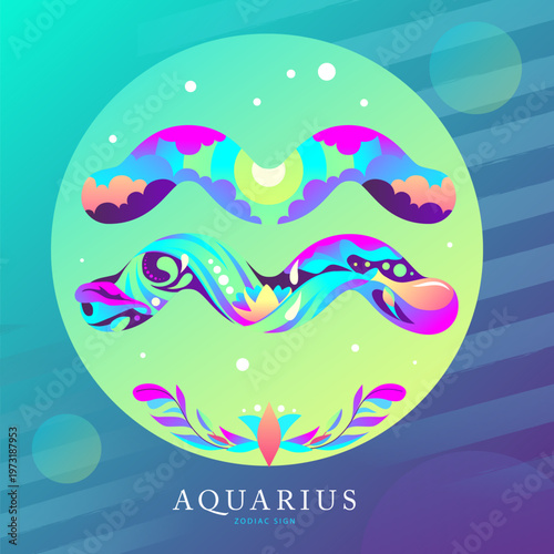 Modern magic witchcraft card with astrology Aquarius zodiac sign on fluorescent background. Flat design. vector illustration