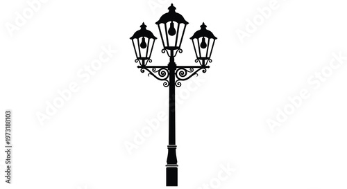 An ornate black lamppost with three lights stands against a white background presented as a striking silhouette high quality professional detailed