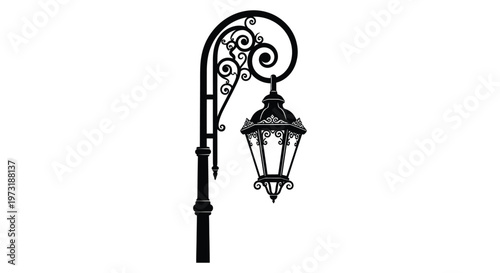 An ornate black wrought iron lamppost with detailed curves and a classic lantern design presented as a silhouette high quality professional