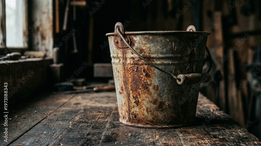 Fototapeta premium Rusty metal bucket on wooden surface in rustic workshop setting 