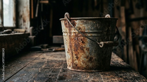 Rusty metal bucket on wooden surface in rustic workshop setting  
