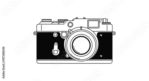 A detailed line drawing showcases a vintage rangefinder camera emphasizing its classic design silhouette high quality professional modern elegant stylish clean