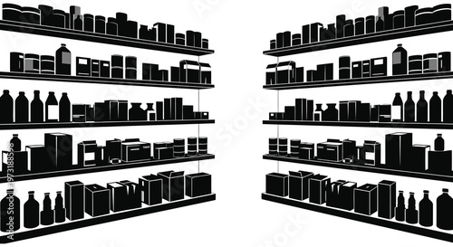 An abstract arrangement of product shapes on retail shelves creating a bold graphic image silhouette high quality professional detailed modern elegant