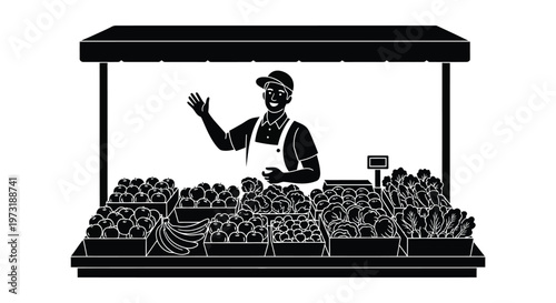 A market vendor cheerfully greets customers from behind a produce stand presented in striking silhouette high quality professional detailed modern elegant