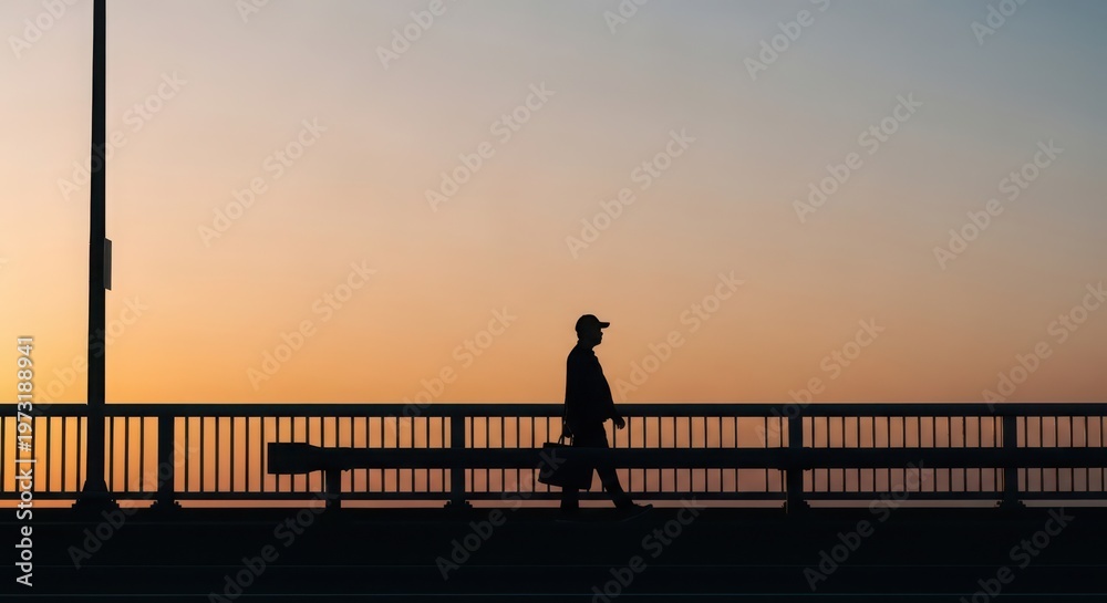 Fototapeta premium Silhouette of a commuter walking across a bridge at sunrise with a bag