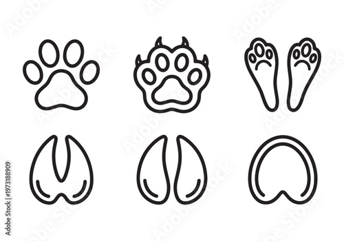Collection of six distinct animal paw print and hoof mark icons, showcasing diverse wildlife tracks for identification