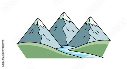 Cartoon Illustration of Mountains, Valley, and River Landscape