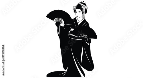 A striking black silhouette depicts a traditional japanese woman holding a fan showcasing elegant attire and posture silhouette high quality professional