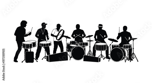 A black silhouette depicts a band of musicians playing various percussion instruments on a white background silhouette high quality professional detailed