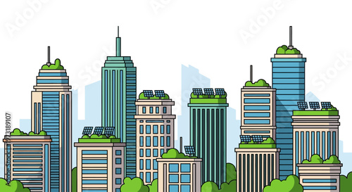 Modern city skyline with green buildings and solar panels