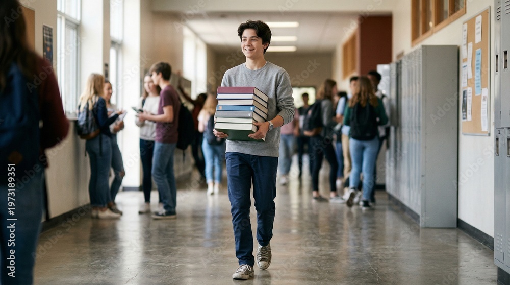 Fototapeta premium Teen boy carrying stack of books while walking in school hallway