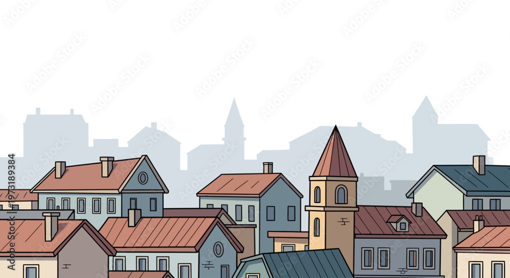 Naklejka premium Charming old town houses with a church tower, cartoon city skyline illustration.