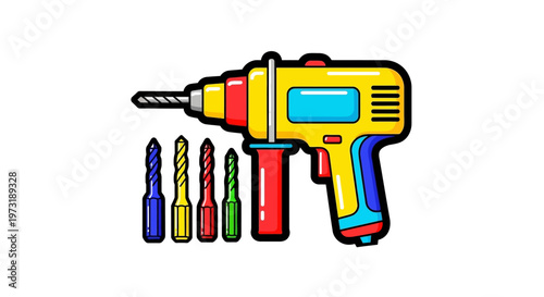 Vibrant power drill and colorful drill bits for construction and DIY projects