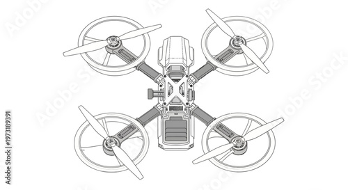 Top view technical drawing of a drone, a quadcopter.
