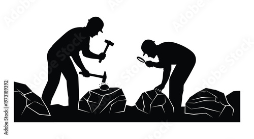 Two figures examine a rock formation one with a hammer and the other with a magnifying glass in silhouette high quality